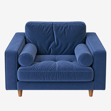 Article Sven Blue Velvet Lounge Chair: front view, rendered from our photos of this piece