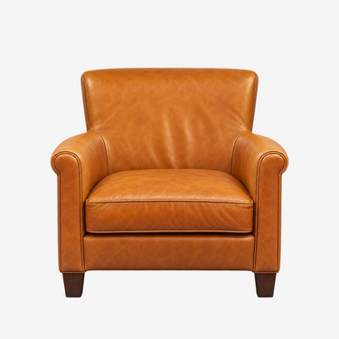 Pottery Barn Irving Roll Arm Caramel Leather Armchair: front view, rendered from our photos of this piece