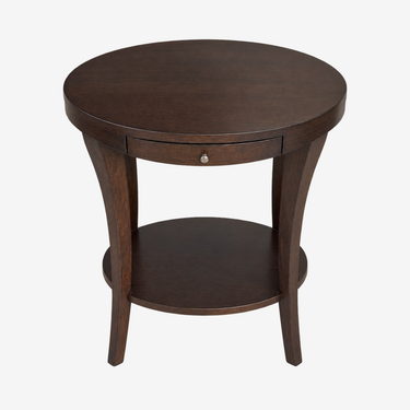Ethan Allen Round Wood End Table with Drawer: front view, rendered from our photos of this piece